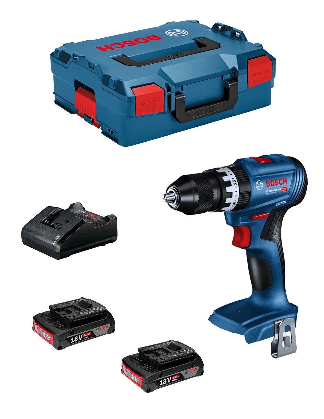 Taladro Percutor BOSCH GSB 18V-45 (2 x 2,0 Ah + GAL18V-20 + L-Boxx 136)