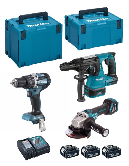 MAKITA Kit DLX3119TJ (DHP484 + DHR243 + DGA513 + 3 x 18V 5,0 Ah